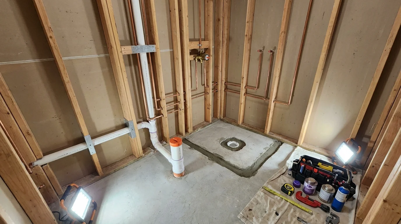Bathroom rough-in plumbing during remodel by Johns Plumbing LLC in Elkhorn