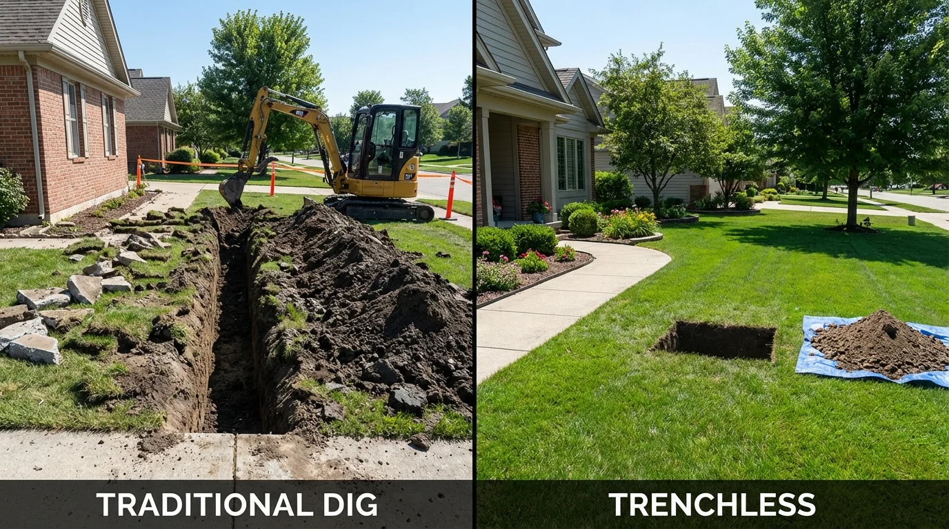 Trenchless sewer repair with minimal yard damage versus traditional excavation in Elkhorn, NE